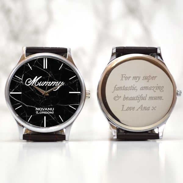 Personalised Wrist Watch for Mum Black Marble Design