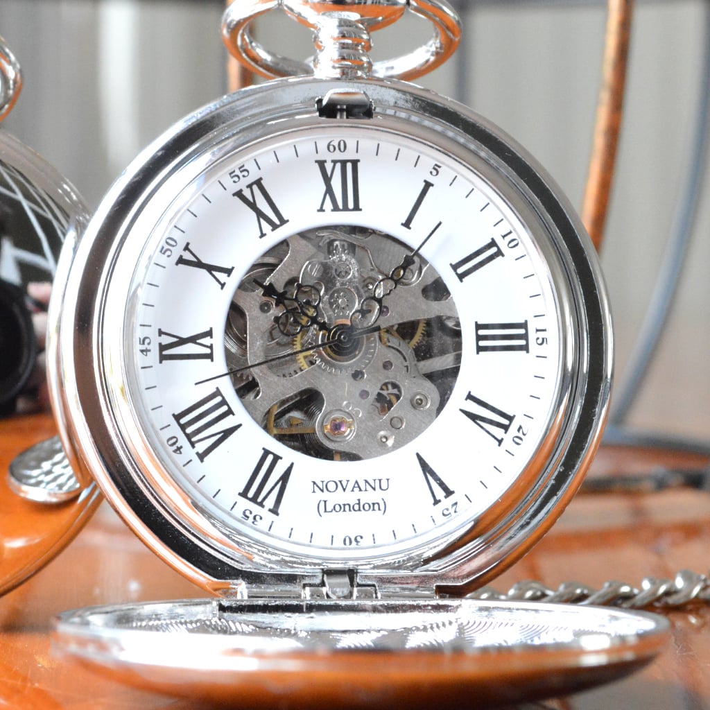 Personalised Skeleton Mechanical Pocket Watch Roman Numerals