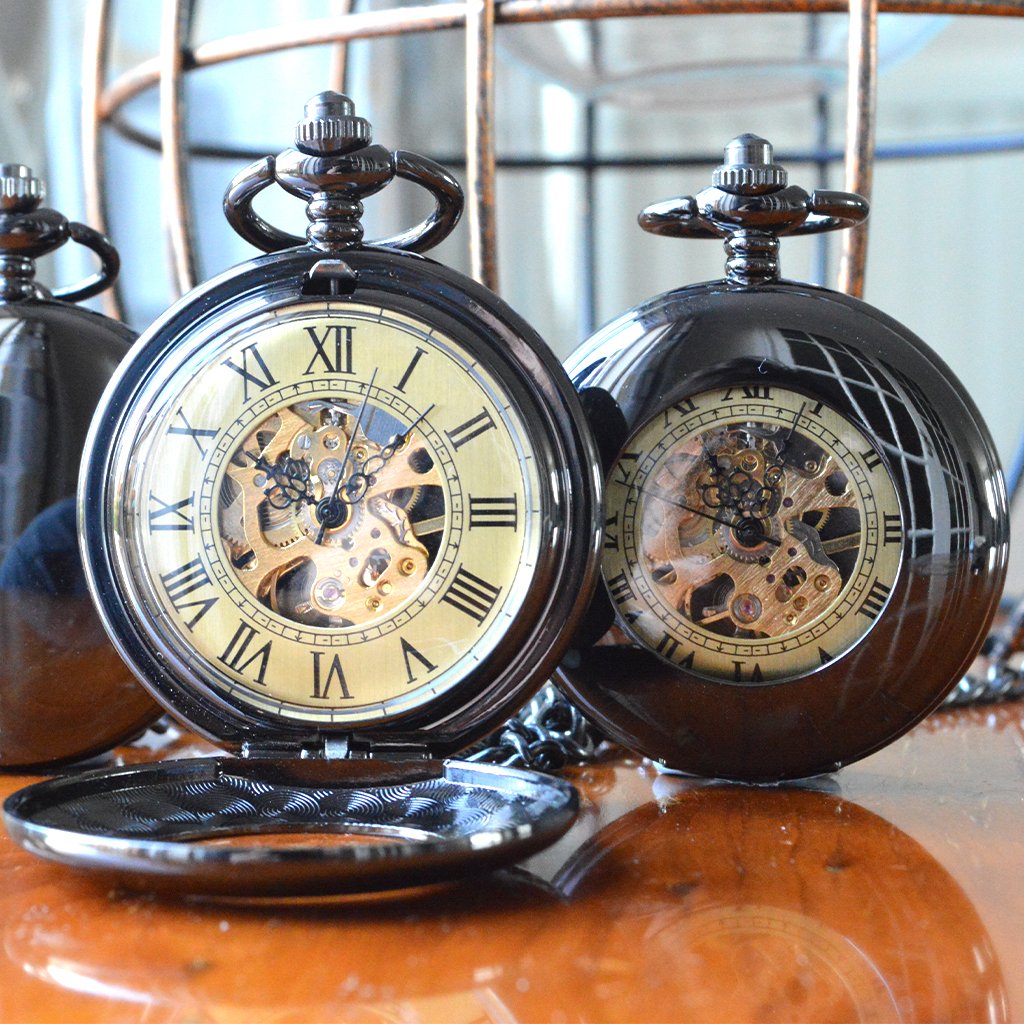 Engraved Black Skeleton Pocket Watch With Windowed Lid