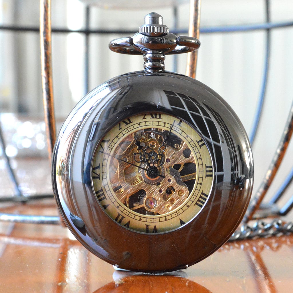 Engraved Black Skeleton Pocket Watch With Windowed Lid