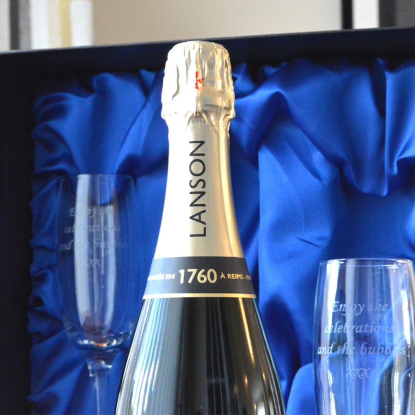 Engraved Lanson Champagne Gift Set with Engraved Champagne Flutes