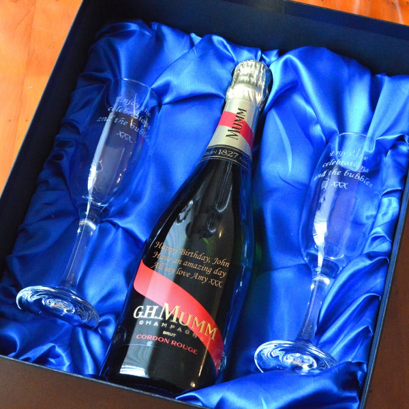 Engraved Mumm Champagne Gift Set with Champagne Flutes