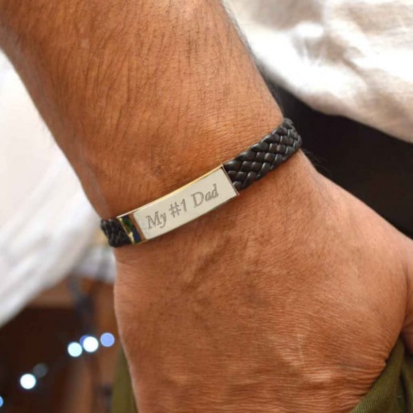 Personalised Leather Woven Strap Bracelet Gift For Dad