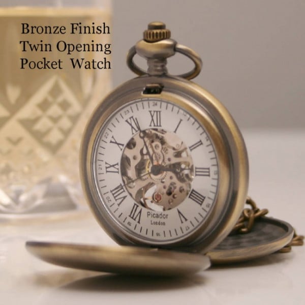 engraved father of the bride pocket watch bronze twin opening 1 1