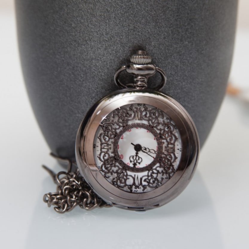 Engraved Pocket Watch Intricate Black Gun Metal Design