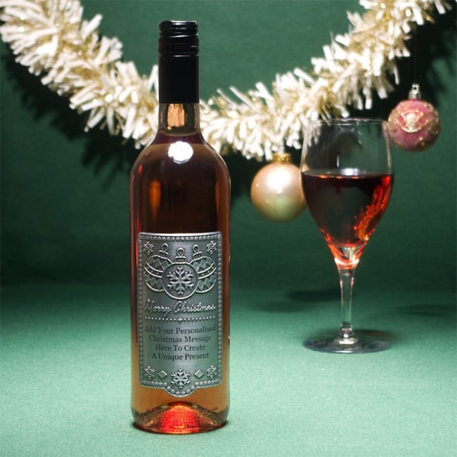 Personalised Christmas Rose Wine with Engraved Pewter Christmas Bauble Wine Label from GiftsOnline4U