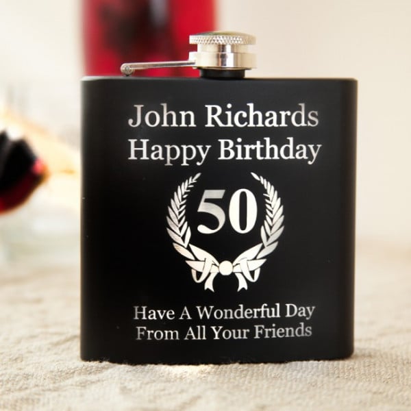 Personalised Birthday Hip Flask Gift With Engraved Wreath Design