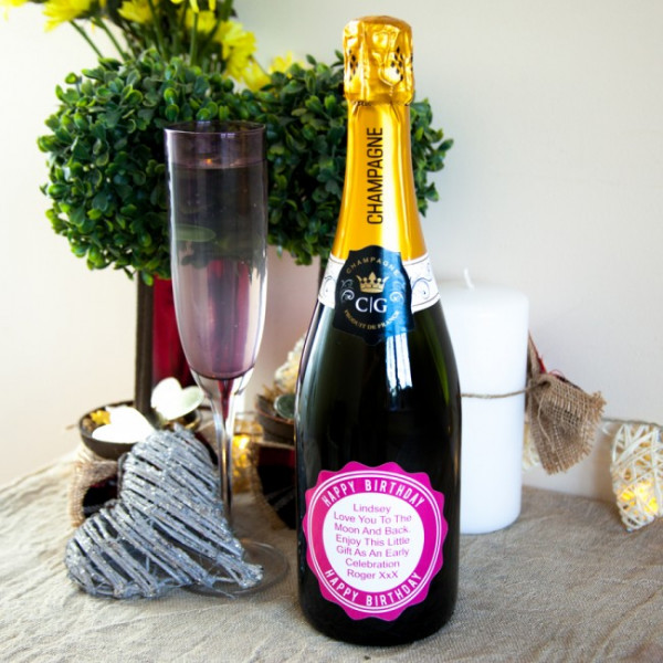 Birthday Champagne Gift With Personalised Pink label