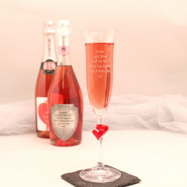 Engraved Champagne Flute With Red Hearts