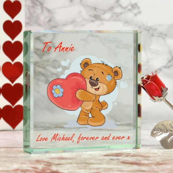 Personalised Glass Block With A Bear Design For Valentine