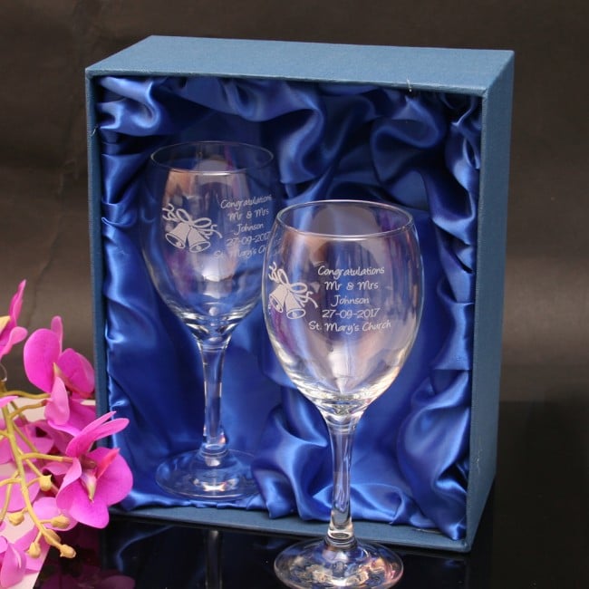 Wedding Bells Engraved Wine Glasses at GiftsOnline4U