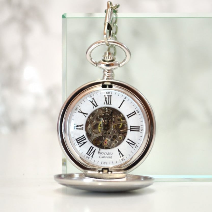 Personalised Skeleton Mechanical Pocket Watch Roman Numerals