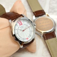 Engraved Men’s Leather Wrist Watch With Red Detailing