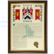 surname history coat arms dark gold frame