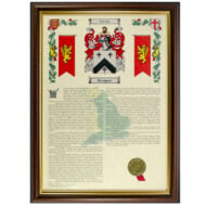 surname history coat arms dark gold frame