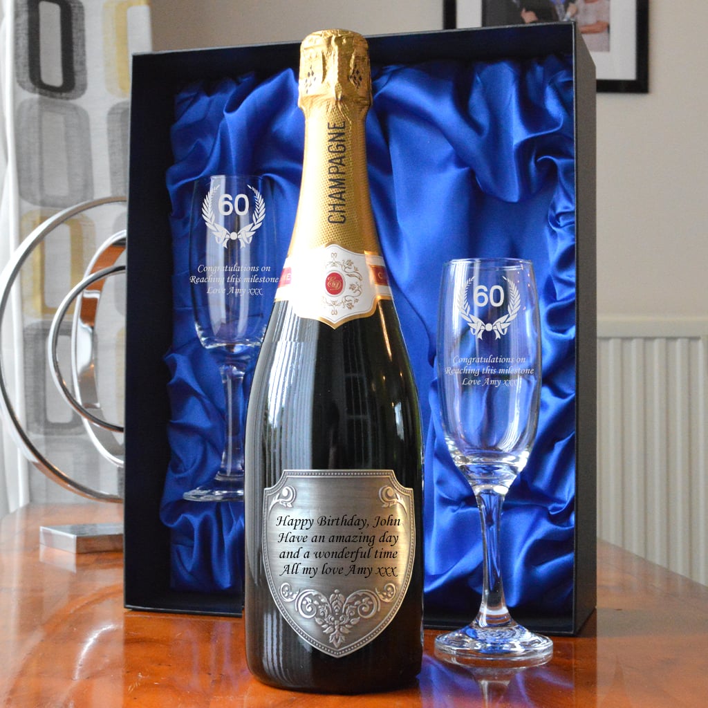 Personalised Pewter Shield Champagne Gift Set With Wreath