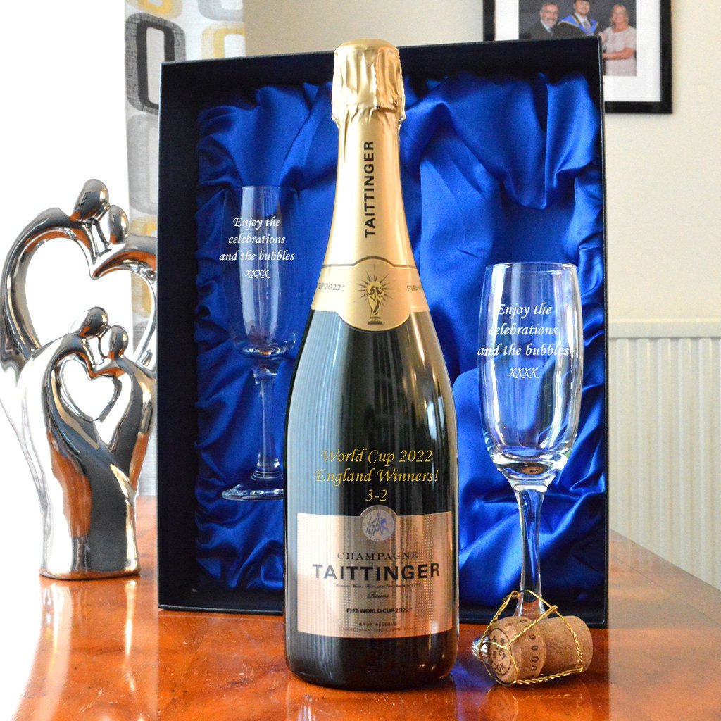 Personalised World Cup 2022 Tattinger Gift Set with Champagne Flutes from GiftsOnline4U