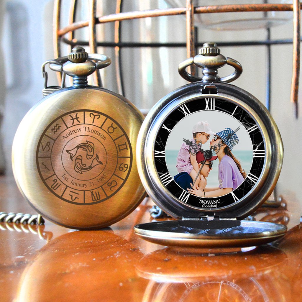 Personalised Pisces Ornate Photo Upload Pocket Watch from GiftsOnline4U