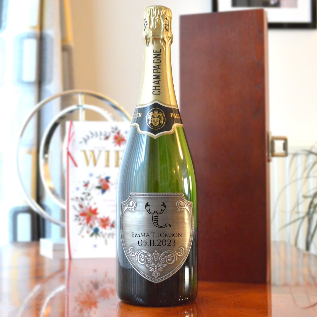 Personalised Champagne Scorpio Pewter Label at GiftsOnline4U