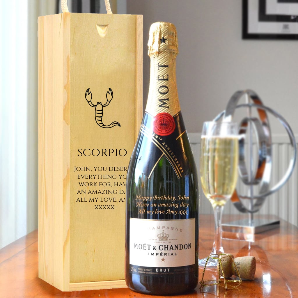 Personalised Scorpio Design Moet And Wooden Carry Box. at GiftsOnline4U