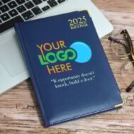 blue 2025 diary with logo design and text