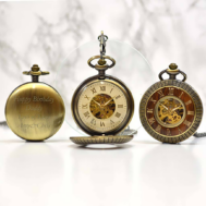 bronze engraved gents watch with wood inlay